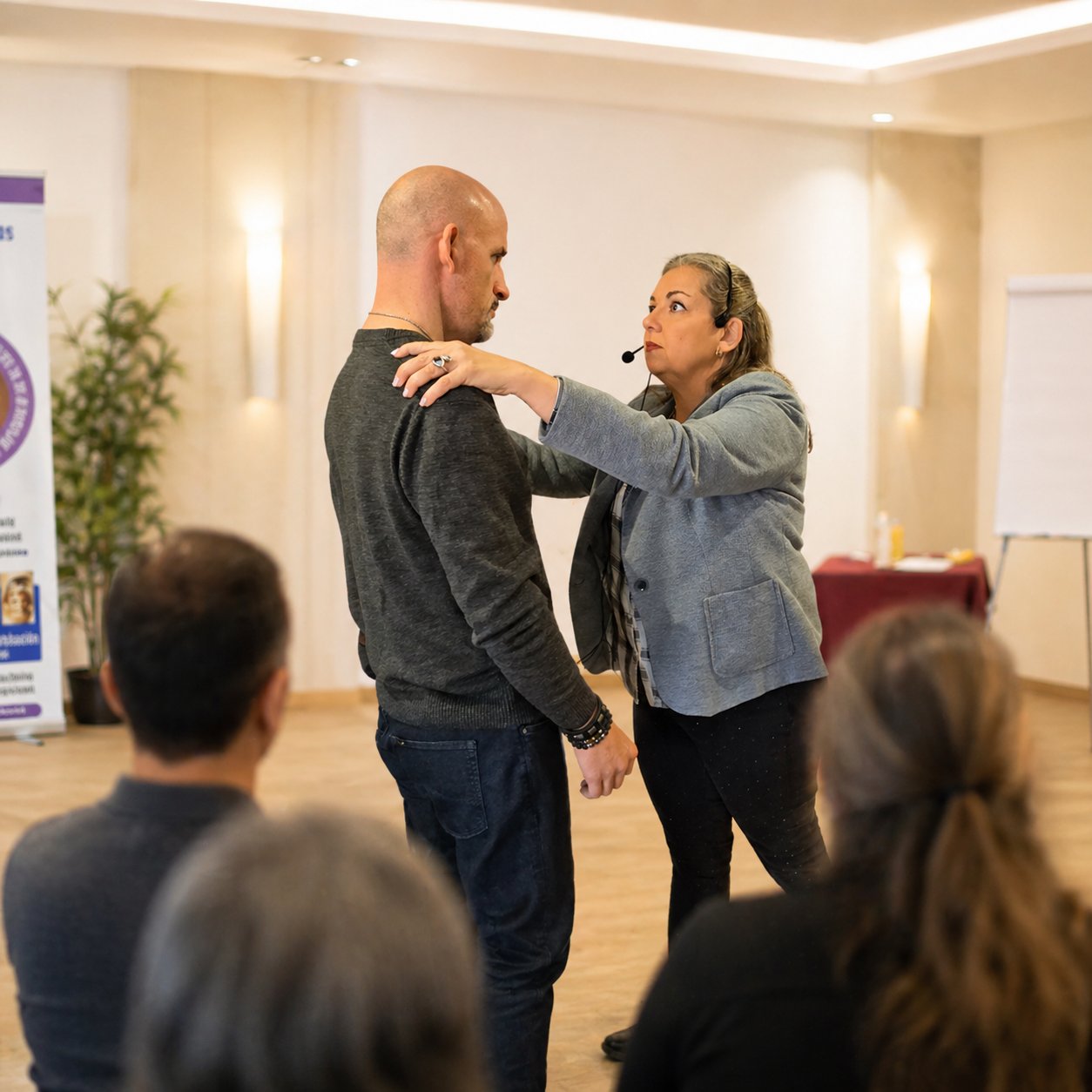 Silvia Carbonell realizando una inducción de hipnosis instantánea en curso presencial